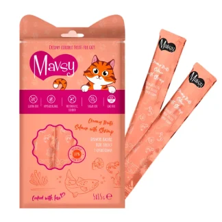Mavsy-Creamy Treats Salmon with shrimp, 5x15g /  Кремові ласощі для котів з лососем та креветками, 5x15 г