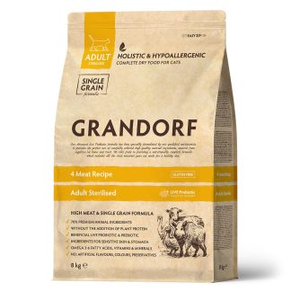 Сухий корм для стерилізованих котів Grandorf FOUR MEAT STERILISED 4 види м'яса з пробіотиками, 8 кг