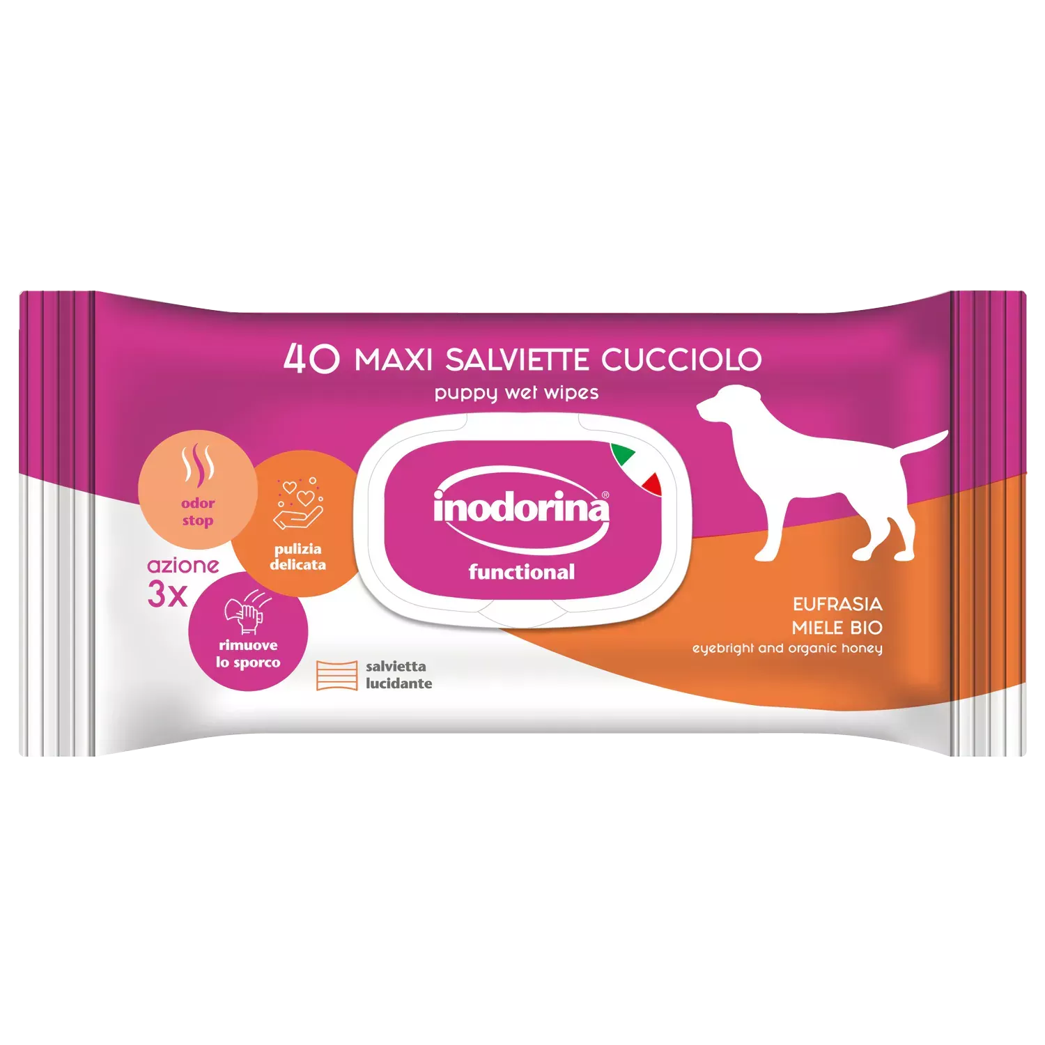 Inodorina Functional Eufrasia Miele Bio - Вологі серветки для цуценят з екстрактом очанки, медом та квітковим ароматом, 40 шт