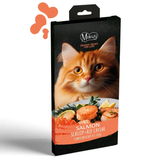 Mavsy - Creamy Treats Salmon+scallop+roe, 5x15g/Mavsy, Філе лосося у поєднанні з соковитимиг.ребінцями та червоною ікрою, 5х15г.